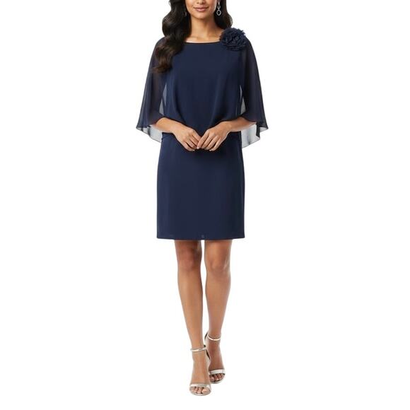 Xscape Dresses & Skirts - XSCAPE Chiffon Overlay Knit Sheath Embellished Cocktail Dress Navy Blue Size 10